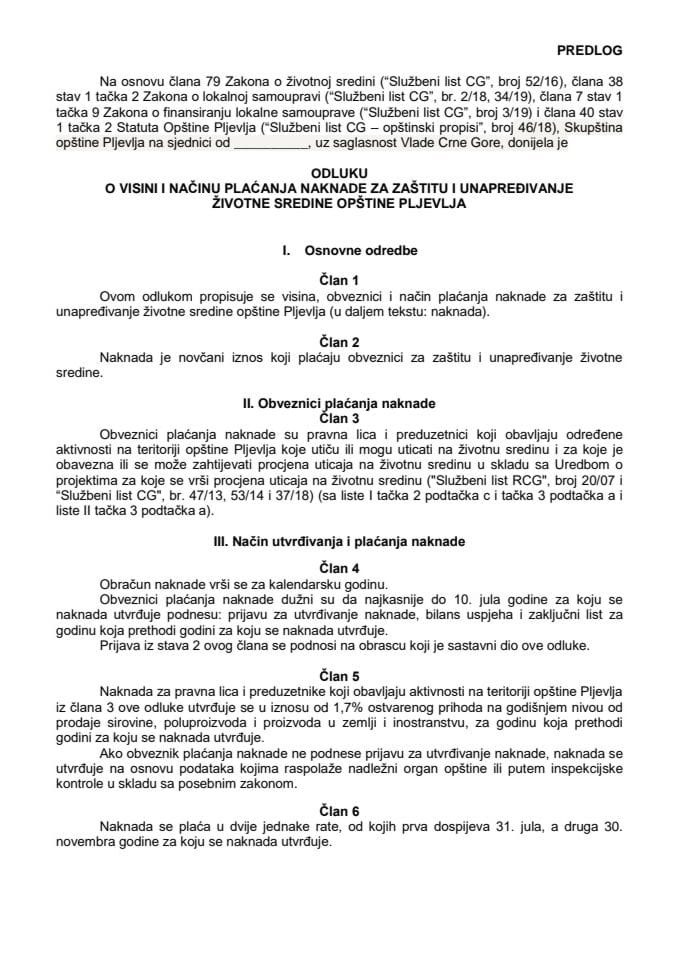 Davanje saglasnosti na Predlog odluke o visini i načinu plaćanja naknade za zaštitu i unapređivanje životne sredine Opštine Pljevlja 