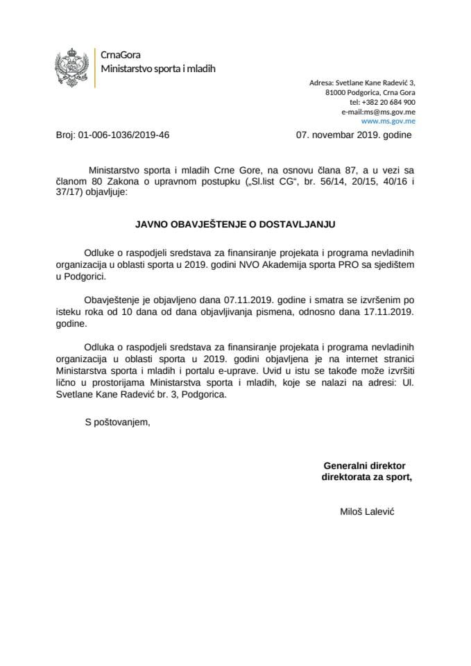 Javno obavještenje - NVO Akademija sporta PRO