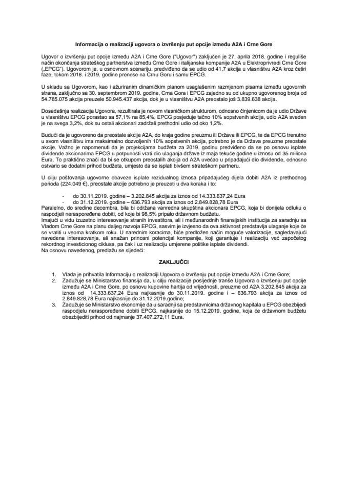 Informacija o realizaciji ugovora o izvršenju put opcije između A2A i Crne Gore