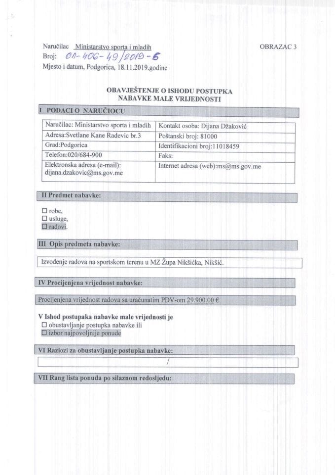 Obavjestenje o ishodu postupka nabavke male vrijednosti MZ Župa Nikšićka, Nikšić