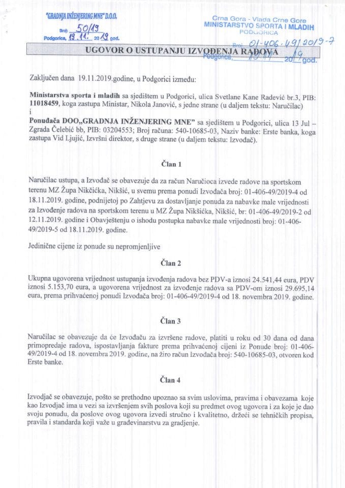 Ugovor o ustupanju izvođenja radova u MZ Župa Nikšićka, Nikšić