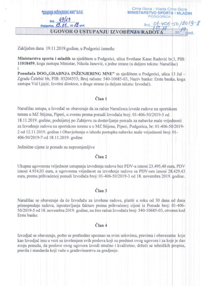 Ugovor o ustupanju izvođenja radova- Izvođenje radova na sportskom terenu u MZ Stijena, Piperi