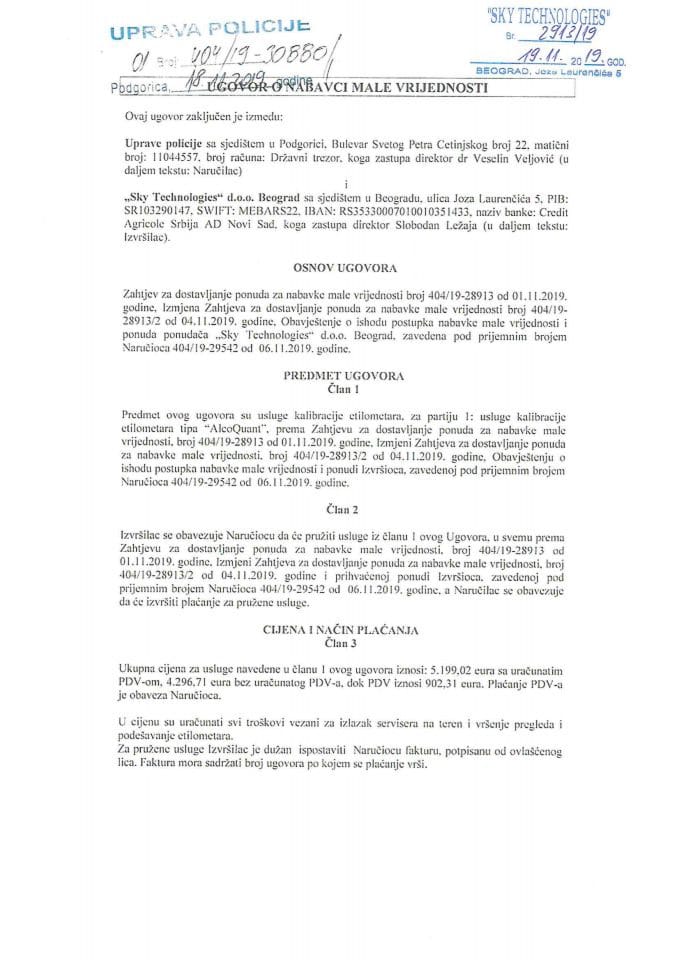 Ugovor broj 01-40419-308801 od 18.11.2019. godine