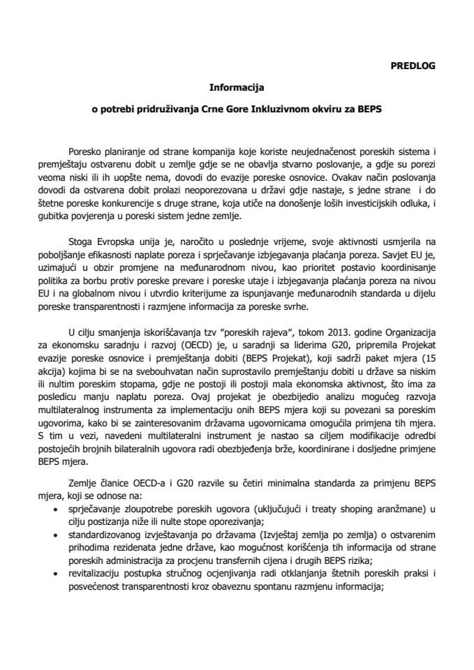 Informacija o potrebi pridruživanja Crne Gore Inkluzivnom okviru za BEPS