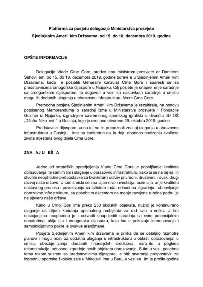 Predlog platforme za posjetu delegacije Ministarstva prosvjete koju će predvoditi dr Damir Šehović, ministar prosvjete, Sjedinjenim Američkim Državama, od 15. do 18. decembra 2019. godine (bez rasprav