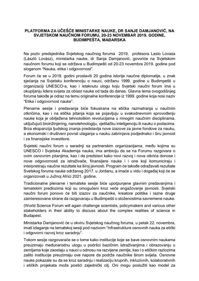 Predlog platforme za učešće dr Sanje Damjanović, ministarke nauke, na Svjetskom naučnom forumu, od 20. do 23. novembra 2019. godine, Budimpešta, Mađarska (bez rasprave)