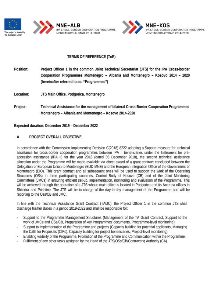 21 XI 19 ToR Project Officer 1 Main Office