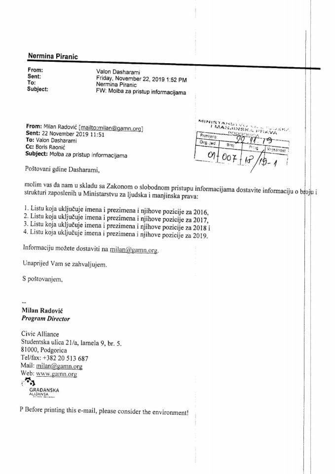 Zahtjev za slobodan pristup informacijama nvo Građanska alijansa br.007-18-01/19-1, rješenje br. 007-18-01/19-2 i odgovor br.007-18-01/19-3