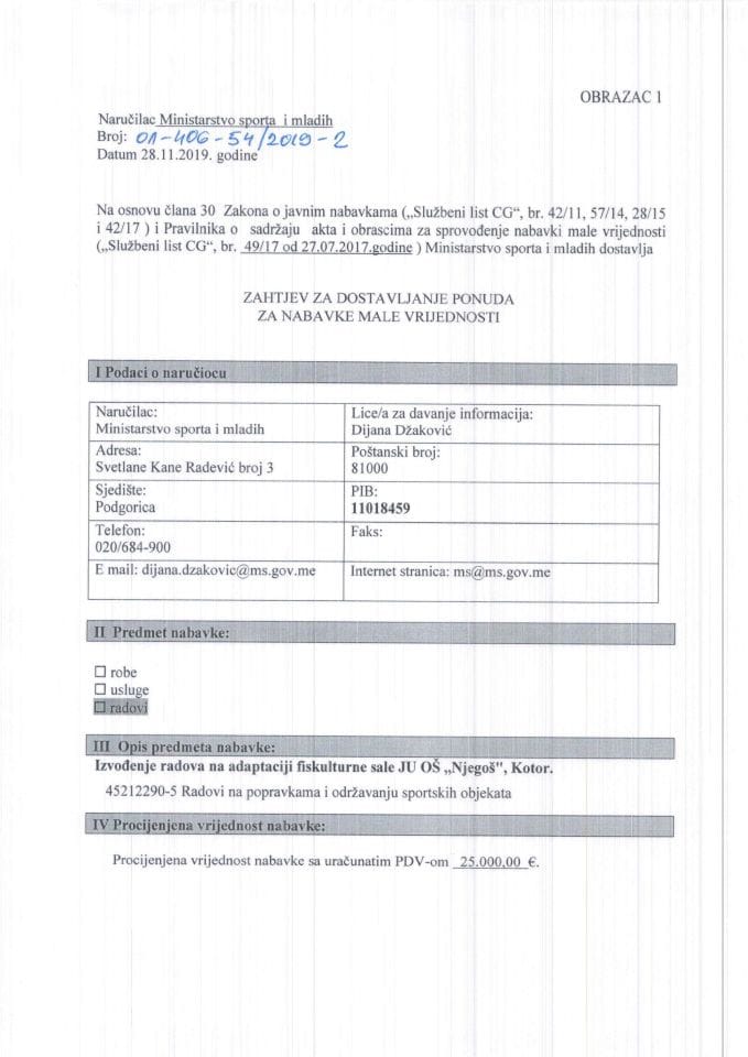 Zahtjev za dostavljanje ponuda za nabavke male vrijednosti JU OŠ ,, Njegoš'', Kotor