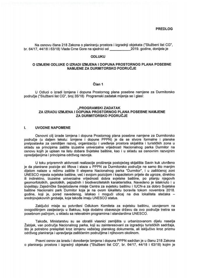 Predlog odluke o izmjeni Odluke o izradi Izmjena i dopuna Prostornog plana posebne namjene za Durmitorsko područje