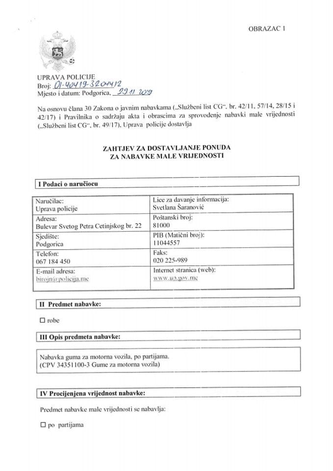 Zahtjev za dostavljanje ponude za nabavke male vrijednosti broj 01-404/19-32044/2 od 29.11.2019. godine