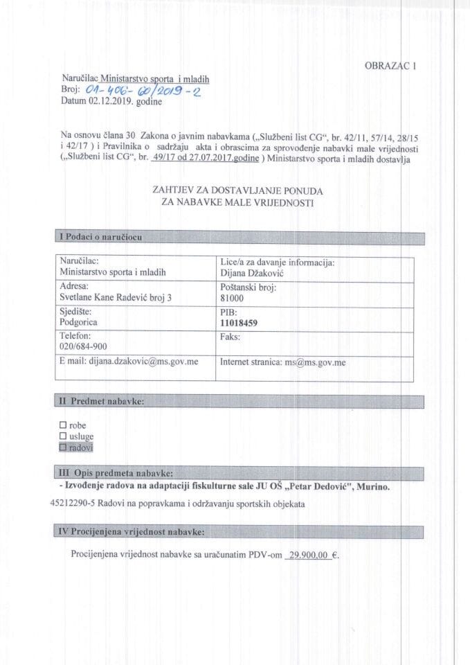 Izvođenje radova na adaptaciji fiskulturne sale JU OŠ ,,Petar Dedović, Murino.