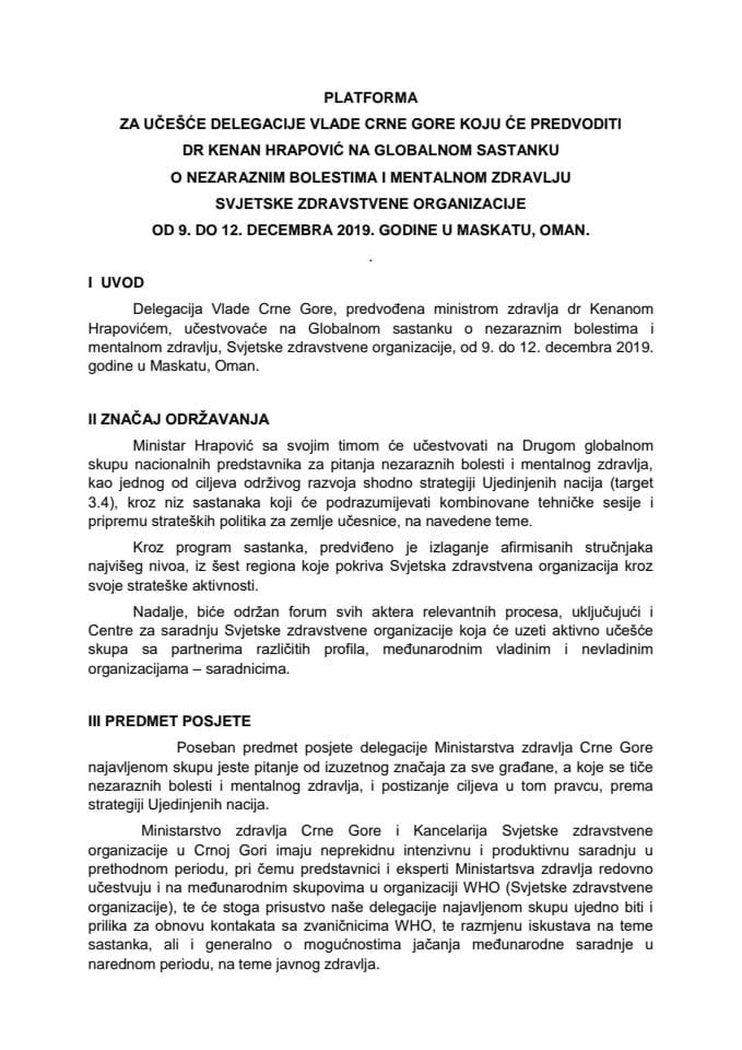 Предлог платформе за учешће делегације Владе Црне Горе коју ће предводити др Кенан Храповић, министар здравља, на Глобалном састанку о незаразним болестима и менталном здрављу, Свјетске здравствене 