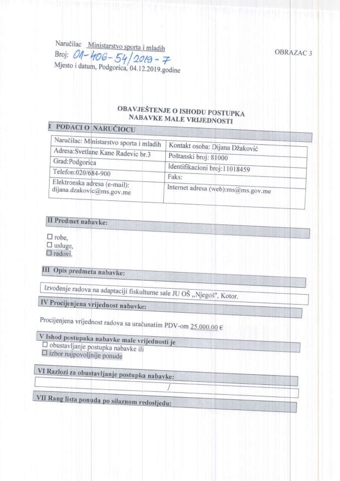 Obavještenje o ishodu postupka nabavke male vrijednosti JU OŠ ,,Njegoš, Kotor.