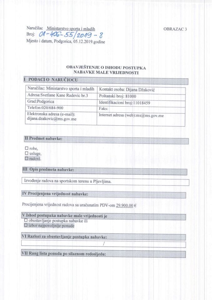 Obavještenje o ishodu postupka nabavke male vrijednosti -na  sportskom terenu u Pljevljima