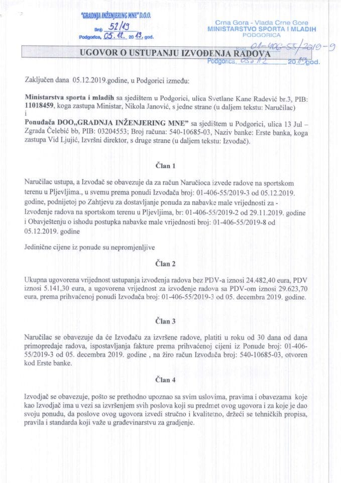 Ugovor o ustupanju izvođenja radova- Izvodjenje radova na sportskom terenu u Pljevljima