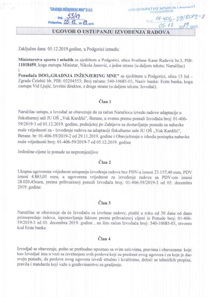 Izvođenje radova na adaptaciji fiskulturne sale JU OŠ ,,Vuk Karadžić'', Berane