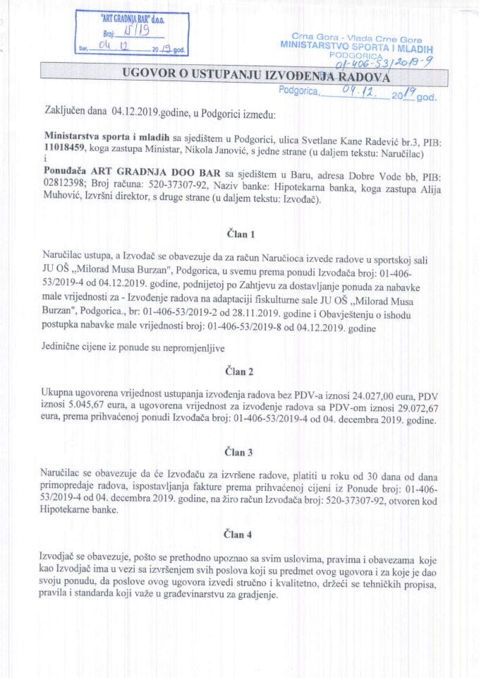 Izvođenje radova na adaptaciji fiskulturne sale JU OŠ ,,Milorad Musa Burzan, Podgorica,