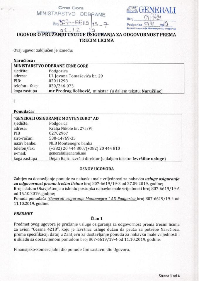 Ugovor o pružanju usluge osiguranja za odgovornost prema trećim licima.