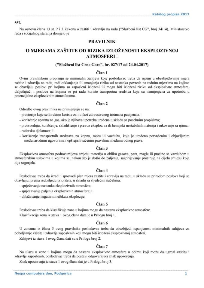 Pravilnik o mjerama zaštite od rizika izloženosti eksplozivnoj atmosferi∗ (“ Službeni list Crne Gore, broj 27/17”)