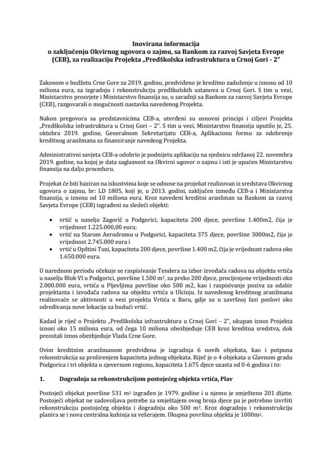Informacija o zaključenju Okvirnog ugovora o zajmu, sa Bankom za razvoj Savjeta Evrope (CEB), za realizaciju Projekta "Predškolska infrastruktura u Crnoj Gori - 2" s Predlogom okvirnog ugovora o zajmu