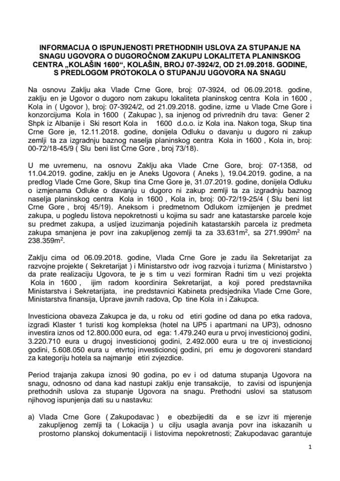 Informacija o ispunjenosti prethodnih uslova za stupanje na snagu Ugovora o dugoročnom zakupu lokaliteta planinskog centra "Kolašin 1600", Kolašin, broj 07-3924/2, od 21.09.2018. godine s Predlogom pr