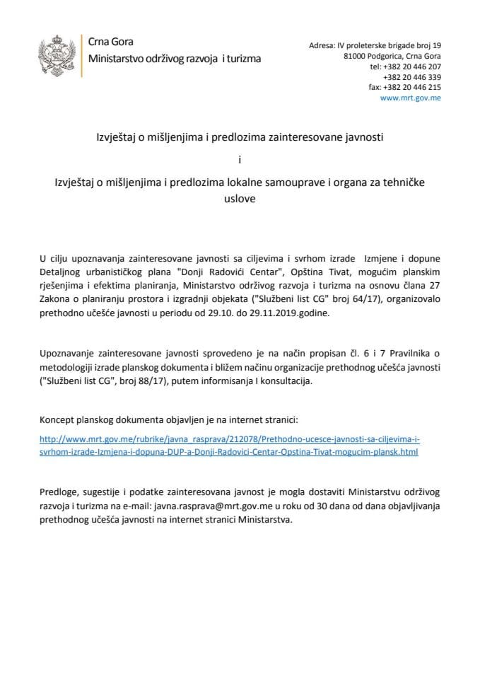 Izvještaj o mišljenjima i predlozima zainteresovane javnosti i Izvještaj o mišljenjima i predlozima lokalne samouprave i organa za tehničke uslove na Koncept Izmjena i dopuna Detaljnog urbanističkog p