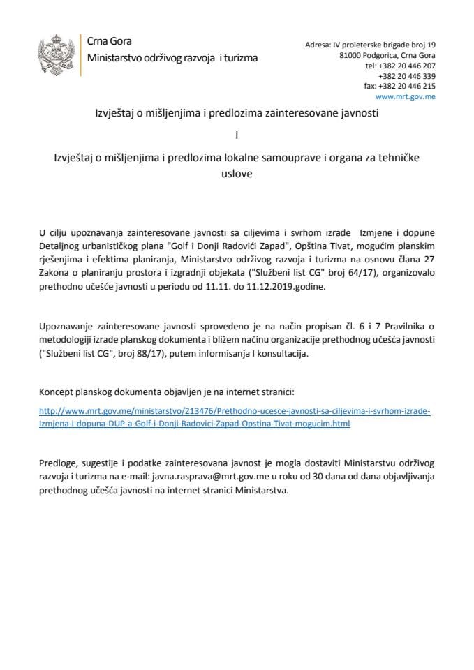 Izvještaj o mišljenjima i predlozima zainteresovane javnosti i Izvještaj o mišljenjima i predlozima lokalne samouprave i organa za tehničke uslove na Koncept Izmjena i dopuna Detaljnog urbanističkog p