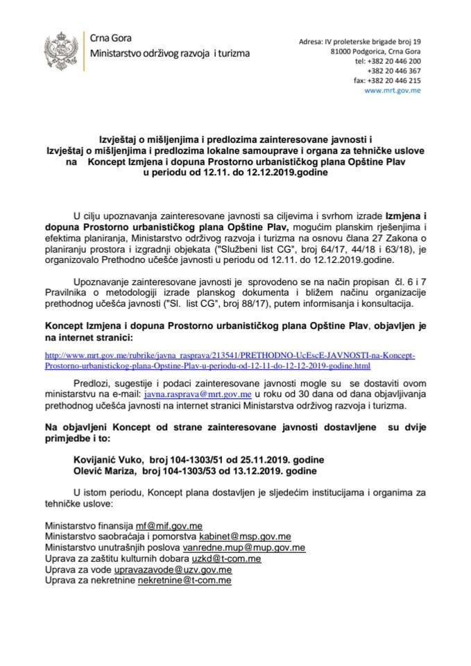 Izvještaj o mišljenjima i predlozima zainteresovane javnosti i Izvještaj o mišljenjima i predlozima lokalne samouprave i organa za tehničke uslove na Koncept Izmjena i dopuna Prostorno urbanističkog p