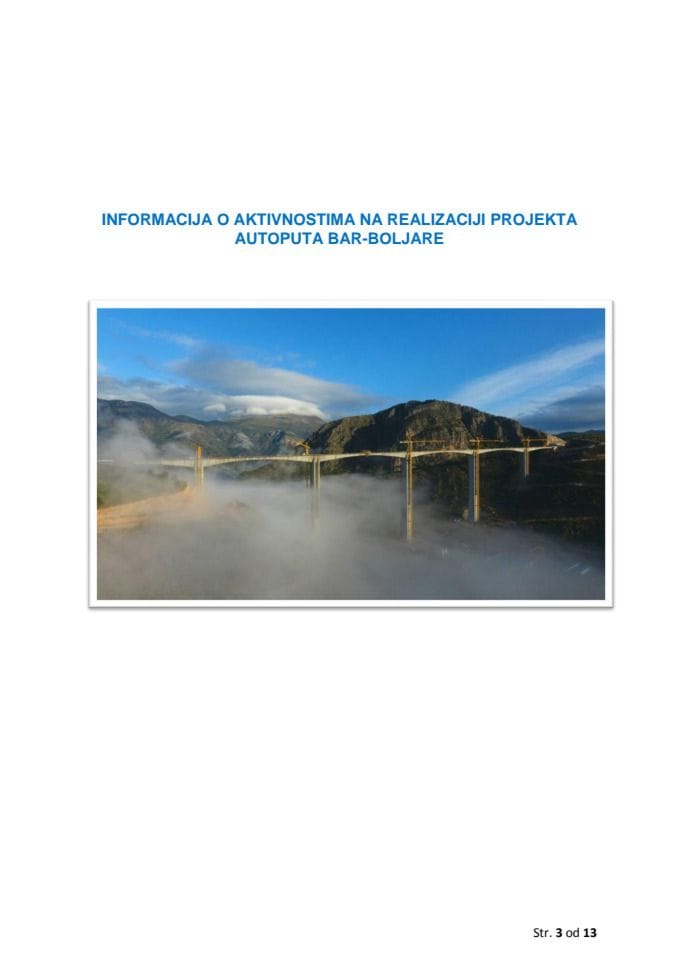 Информација о активностима на реализацији пројекта аутопута Бар – Бољаре