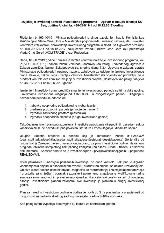 Izvještaj o izvršenoj kontroli Investicionog programa – Ugovor o zakupu lokacije KO Šas, opština Ulcinj, br. 460-216/17-1 od 18.12.2017. godine (bez rasprave)