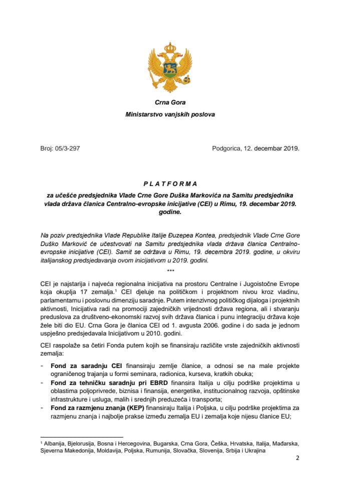 Predlog platforme za učešće predsjednika Vlade Crne Gore Duška Markovića na Samitu predsjednika vlada država članica Centralno-evropske inicijative (CEI) u Rimu, 19. decembra 2019. godine (bez rasprav