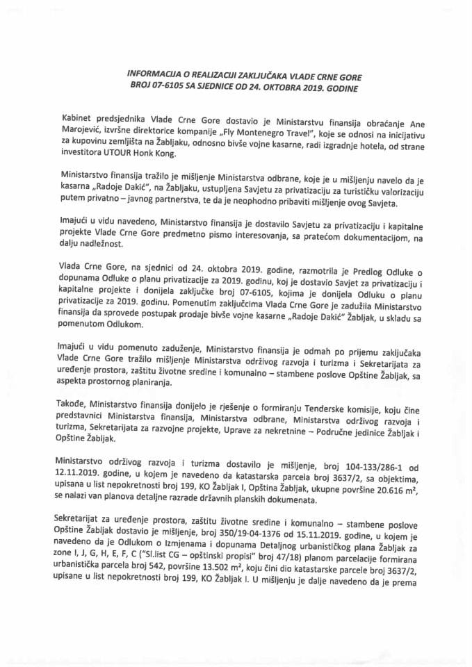Informacija o realizaciji zaključaka Vlade Crne Gore, broj: 07-6105, sa sjednice od 24. oktobra 2019. godine