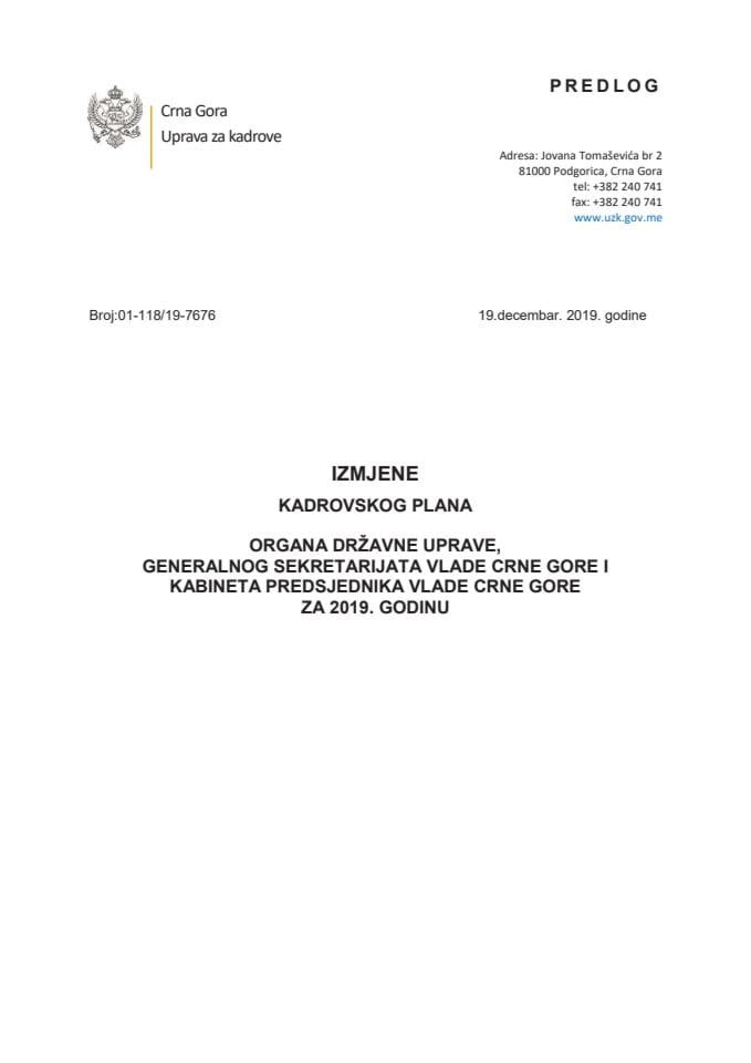 Predlog izmjena Kadrovskog plana organa državne uprave, Generalnog sekretarijata Vlade Crne Gore i Kabineta predsjednika Vlade Crne Gore za 2019. godinu