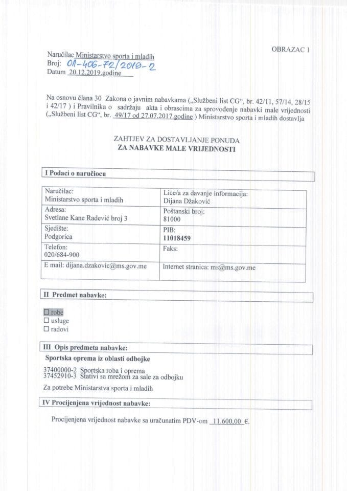 Zahtjev za dostavljanje ponuda nabavke male vrijednosti -Sportske opreme iz oblasti odbojke