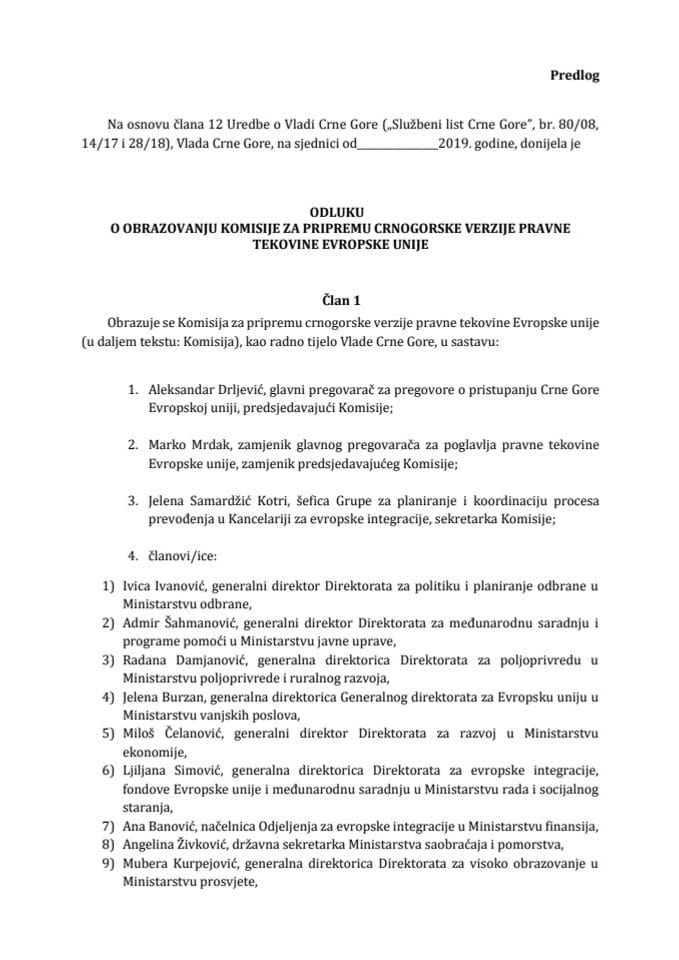 Predlog odluke o obrazovanju Komisije za pripremu crnogorske verzije pravne tekovine Evropske unije