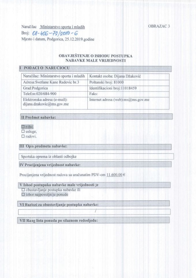 Obavještenje o ishodu postupka nabavke male vrijednosti-Sportska oprema iz oblasti odbojke