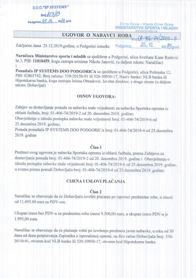 Ugovor o nabavci robe-Sportska oprema iz oblasti fudbala