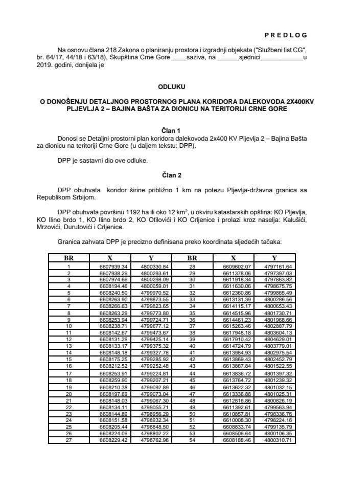 Predlog odluke o donošenju Detaljnog prostornog plana koridora dalekovoda 2x400 KV Pljevlja 2 - Bajina Bašta za dionicu na teritoriji Crne Gore