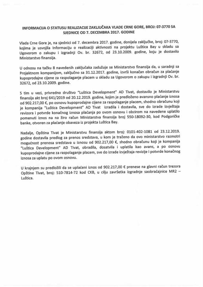 Informacija o statusu realizacije Zaključaka Vlade Crne Gore, broj: 07-3770, od 11. decembra 2017. godine, sa sjednice od 7. decembra 2017. godine 	
