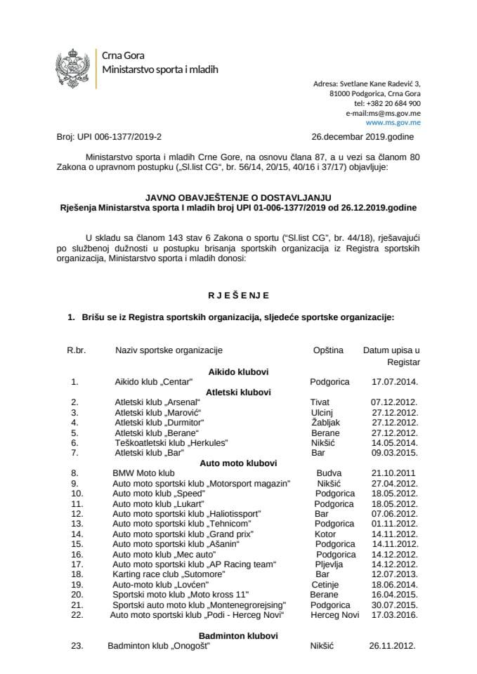 Javno obavještenje o dostavljanju Rješenja o brisanju sportskih organizacija