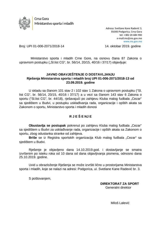 Javno obavještenje - KMF Cezar