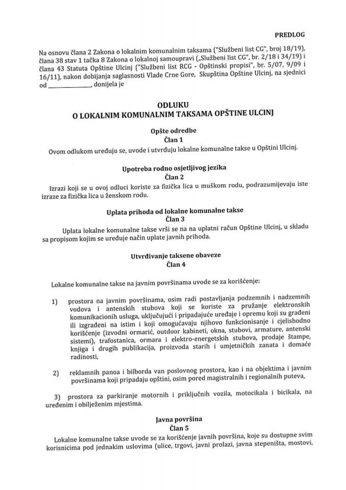 Predlog odluke o lokalnim komunalnim taksama Opštine Ulcinj
