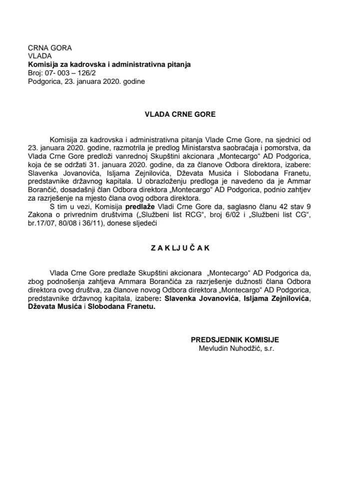 Предлог закључка о избору чланова Одбора директора „Монтецарго“ АД Подгорица