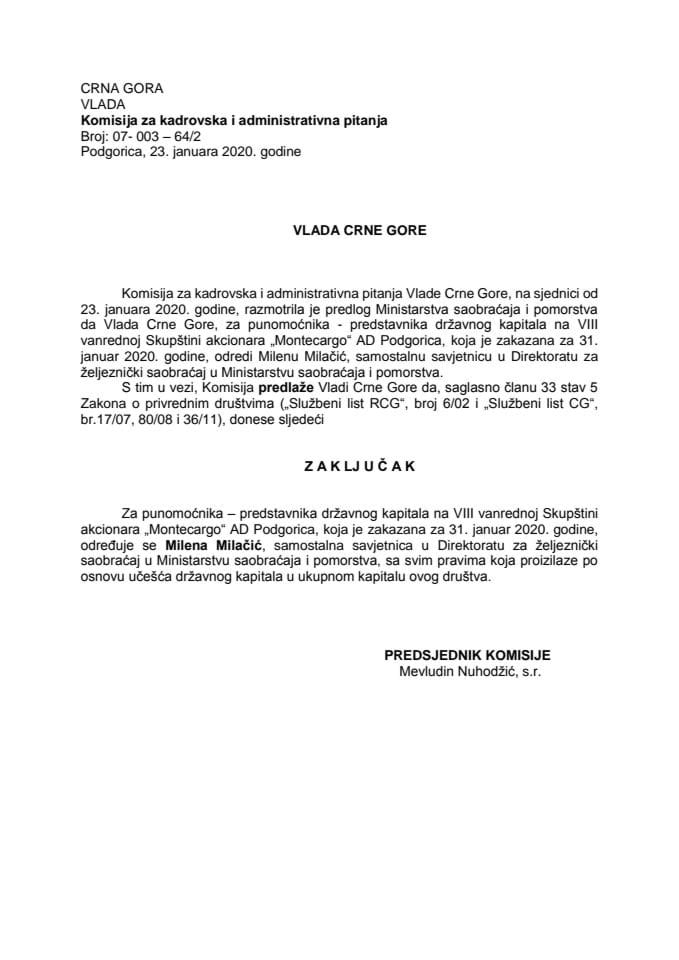 Predlog zaključka o određivanju punomoćnika – predstavnika državnog kapitala na VIII vanrednoj Skupštini akcionara „Montecargo“ AD Podgorica