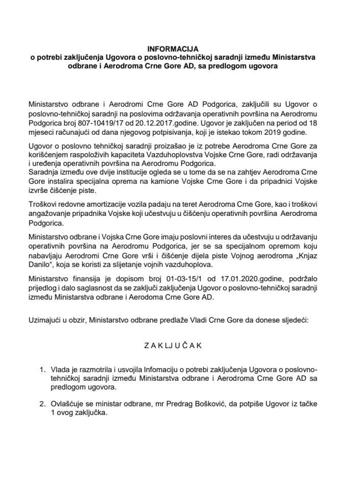 Информација о потреби закључења Уговора о пословно-техничкој сарадњи између Министарства одбране и Аеродрома Црне Горе АД с Предлогом уговора