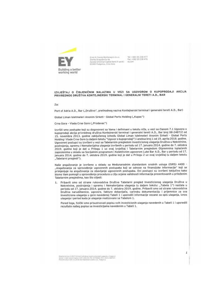 Finalni izvještaj o činjeničnim nalazima u vezi sa Ugovorom o kupoprodaji akcija privrednog društva „Kontejnerski terminal i generalni tereti“ AD Bar urađen od strane Kontrolora - Ernst&Young Monteneg