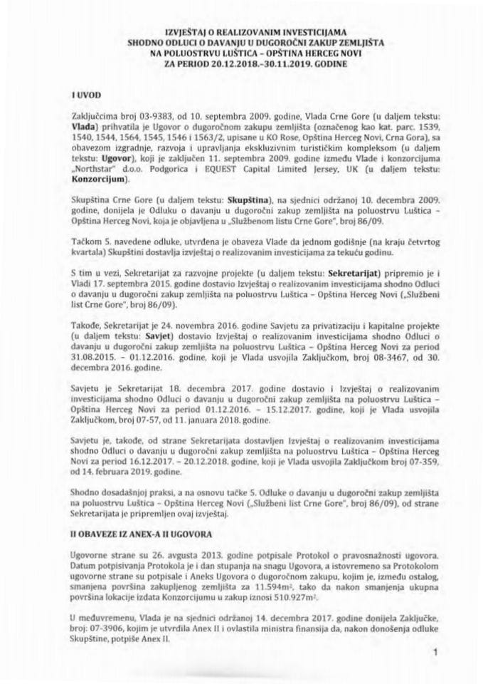 Izvještaj o realizovanim investicijama shodno Odluci o davanju u dugoročni zakup zemljišta na poluostrvu Luštica – opština Herceg Novi za period 20.12.2018 – 30.11.2019. godine (bez rasprave)