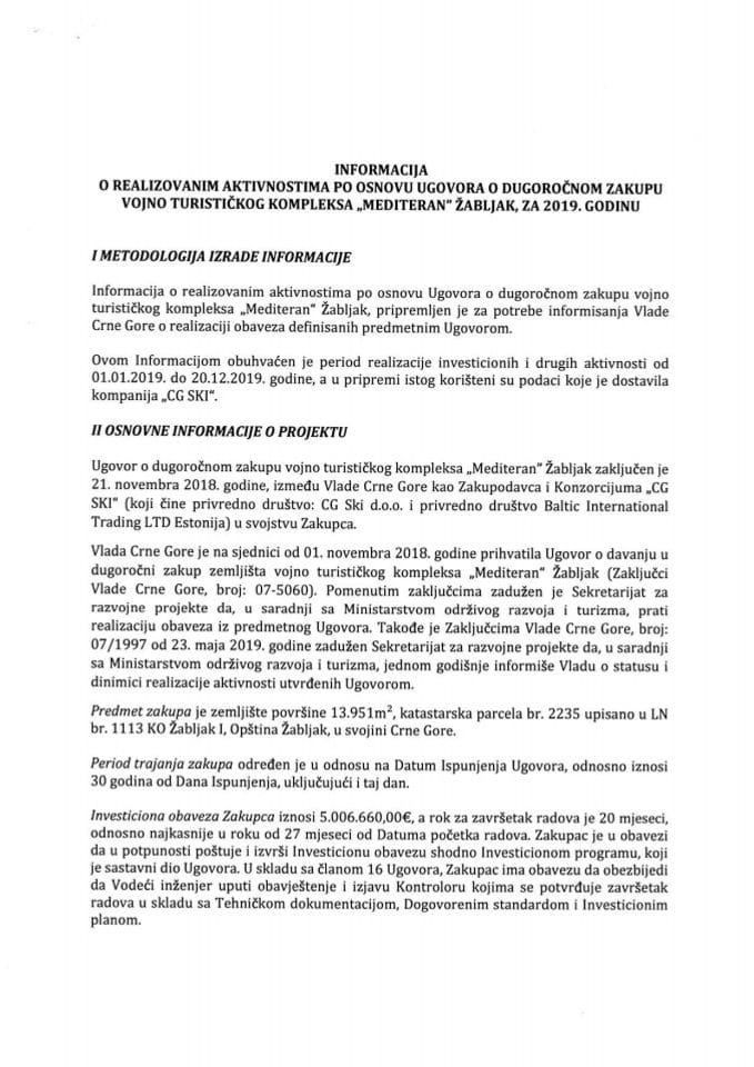 Информација о реализацији активности по основу Уговора о дугорочном закупу војно-туристичког комплекса »Медитеран« Жабљак за 2019. годину (без расправе)
