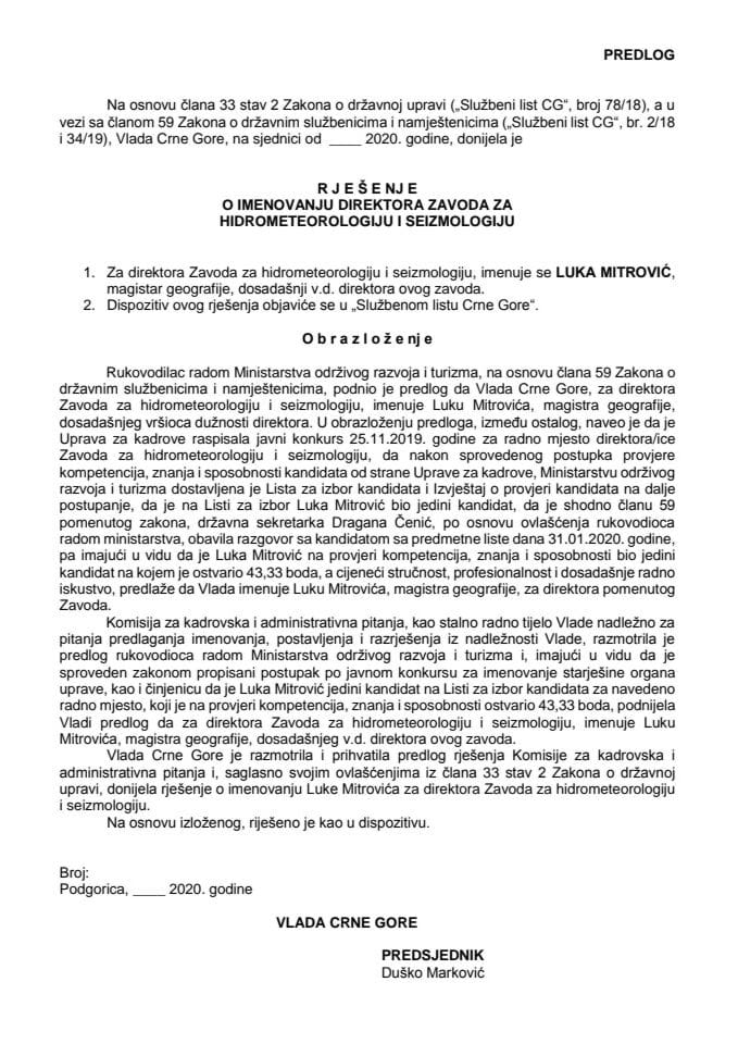 Predlog rješenja o imenovanju direktora Zavoda za hidrometeorologiju i seizmologiju